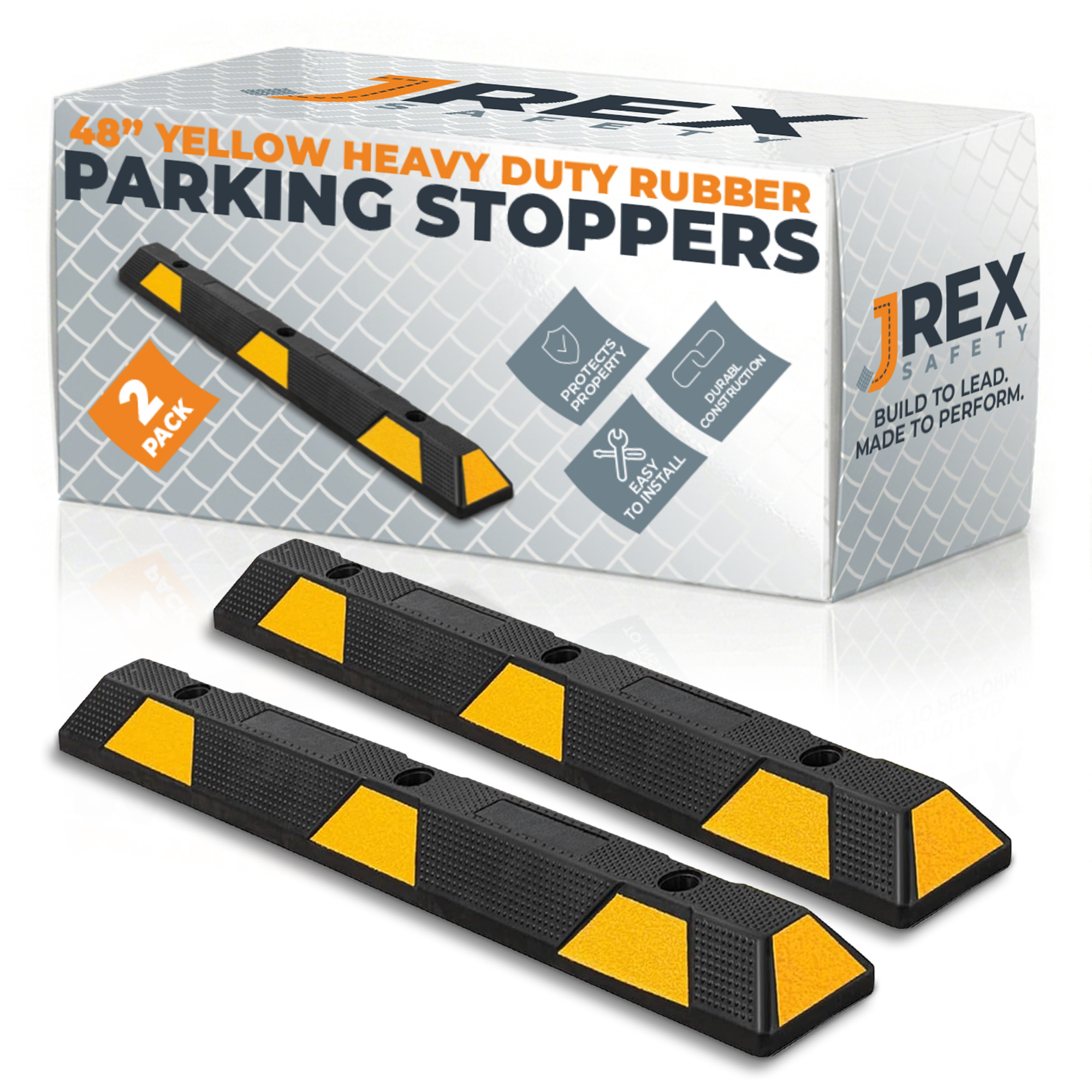 48" Rubber Parking Block Curb Stop - Yellow Reflective Strip - 2 Pack
